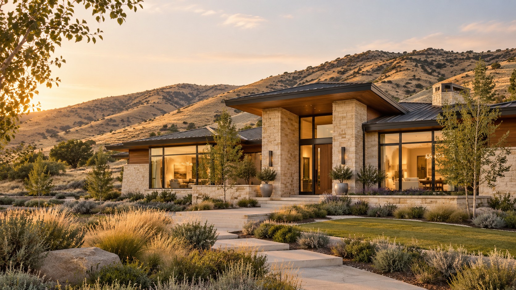 Illustrative contemporary stone home inspired by the Boise foothills at golden hour
